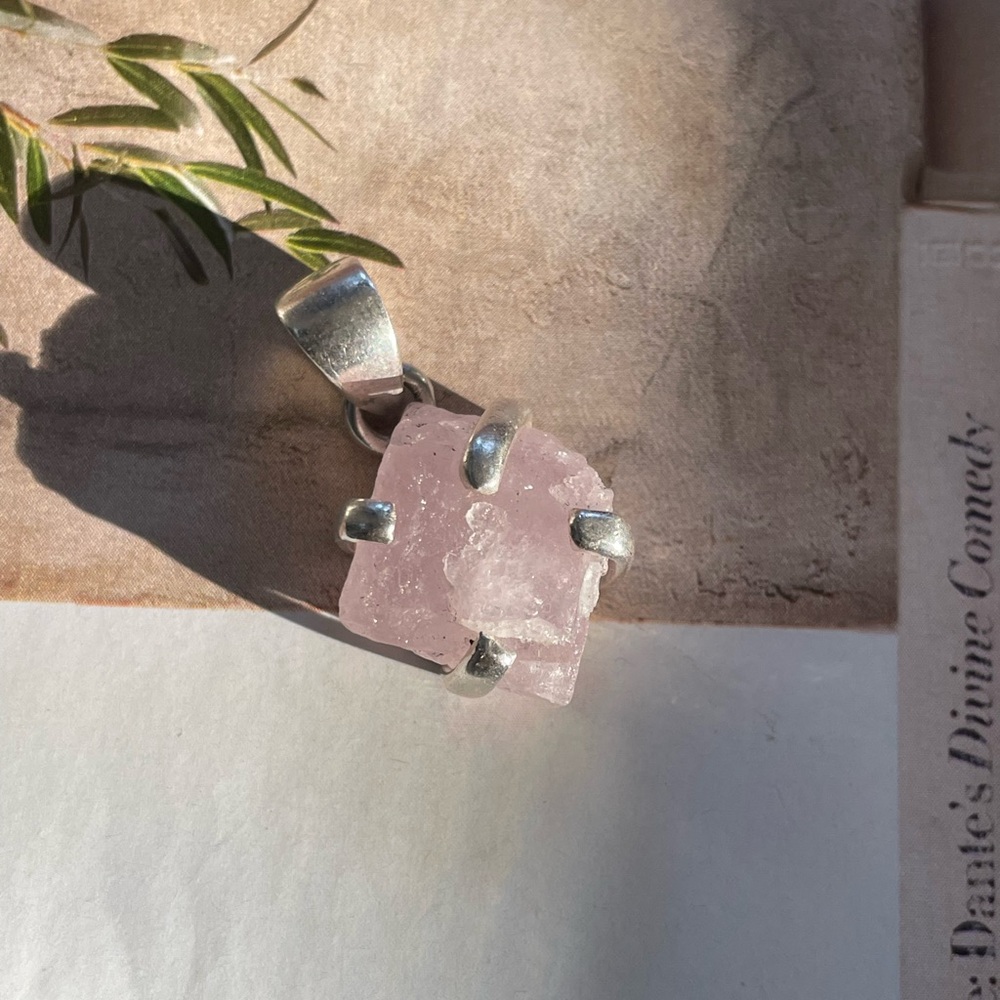 925 Sterling Silver Natural Rose Quartz Rough Pendant